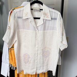 Alemais Cream Embroidered Short Sleeve Shirt